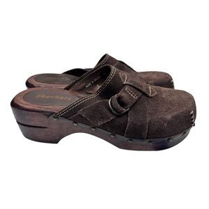 SKECHERS Vintage Wooden Clogs Platform Brown Leather Slip On 7